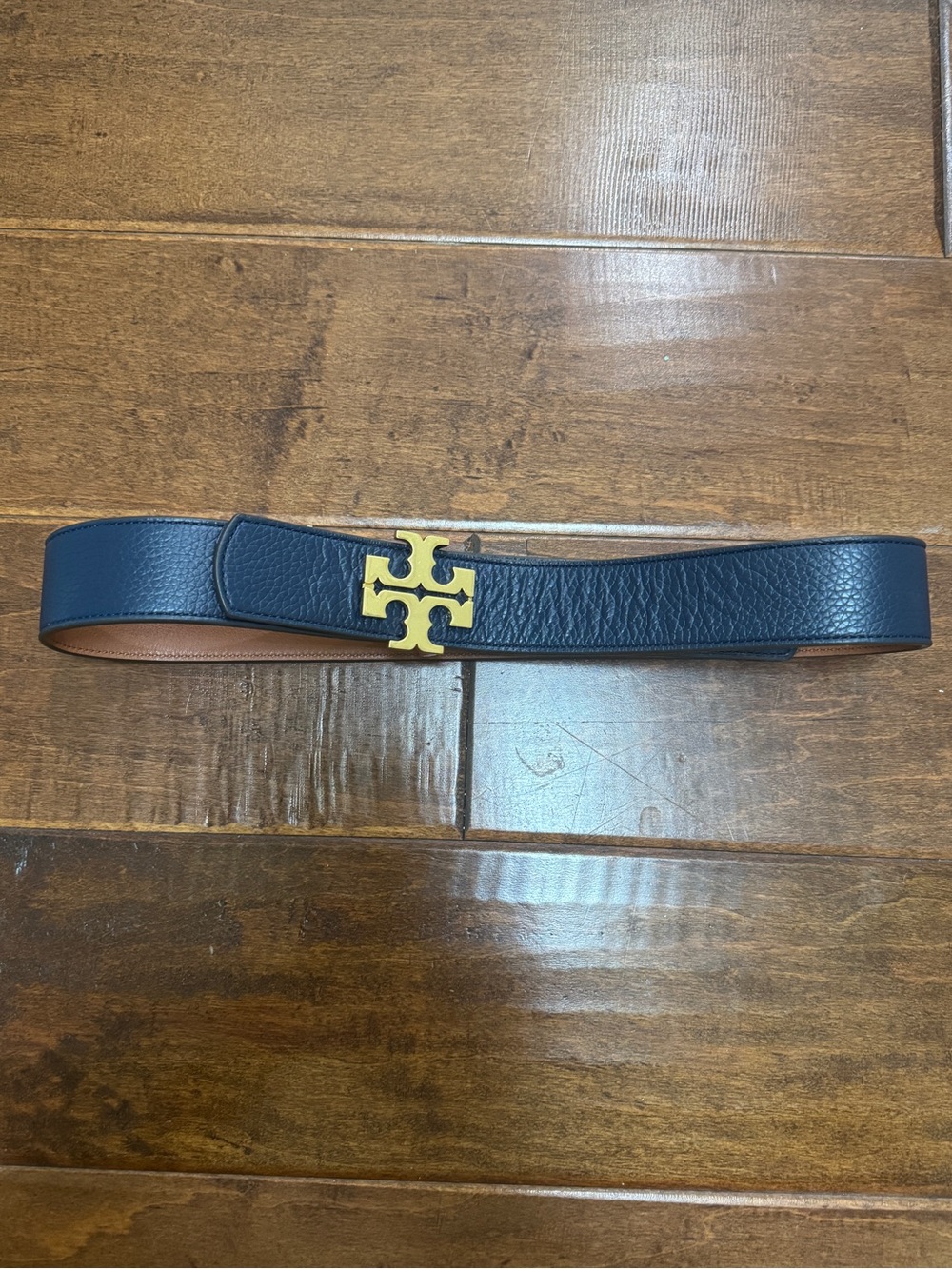 Tory Burch Navy/Cognac Leather Belt and Gold Buckle